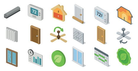 Smart home climate control and energy efficiency icons for design