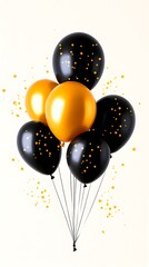 A cluster of shiny black and gold balloons, adorned with gold confetti, floats against a stark white background, the balloons tied together with thin strings.  Gold confetti also scatters around
