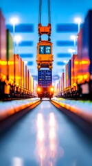 A container crane lifts a shipping container onto a flatbed train at twilight in a bustling port,  illuminated by lights reflecting on the wet ground