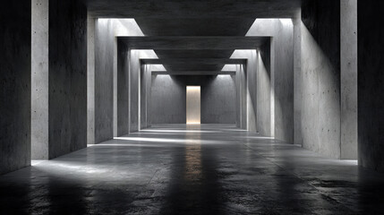 Minimalistic industrial room with hard concrete walls, textured floor, linear hallway illuminated by ceiling strips, abstract light and shadow play, raw space