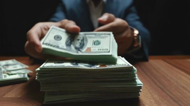 Businessman counting stack of US dollars financial success, wealth and investment concept

