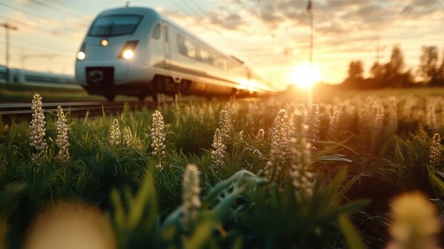 A sleek, modern train speeds through lush greenery at sunset, beautifully capturing the blend of technology and nature in a picturesque evening setting. - Powered by Adobe
