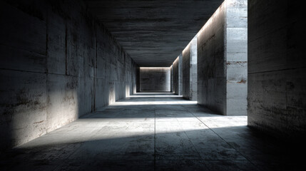 Minimalistic industrial room with hard concrete walls, textured floor, linear hallway illuminated by ceiling strips, abstract light and shadow play, raw space