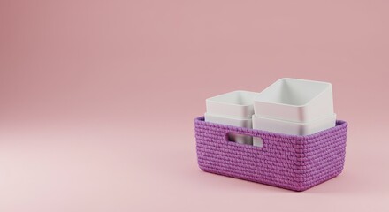 Purple Basket with White Storage Containers - A purple woven basket containing several white square storage containers on a pink background