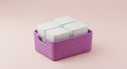 Obraz premium Purple Basket with White Containers - Four white square containers neatly arranged inside a purple woven basket, set against a pale pink background