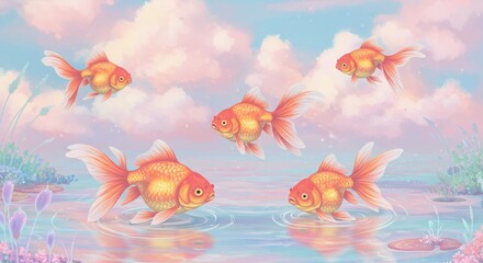 Naklejka premium Serene Goldfish in Pastel Paradise - Four goldfish swim gracefully in a serene pastel pond, symbolizing peace, tranquility, harmony, joy, and freedom. Soft clouds drift above