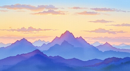 Fototapeta premium Serene Mountain Sunset Landscape - Majestic mountain range at sunset, bathed in soft pastel hues of pink, orange, and purple. A tranquil and peaceful scene