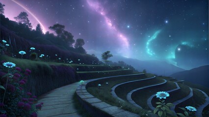 Cosmic Garden - Bioluminescent Plants in Space Nebula