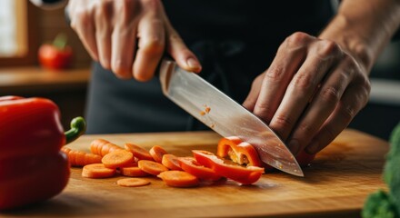 Hands chopping carrots on wooden board