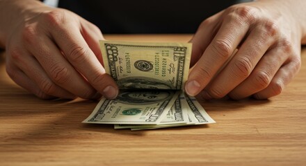 Hands counting money on wooden surface