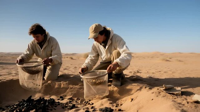 Two scientists in protective gear intently sift through sand for samples at a vast desert excavation site under a clear blue sky, illustrating scientific investigation or environmental analysis