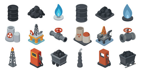 Isometric energy icons: fuel, oil, gas, and coal for industrial design projects