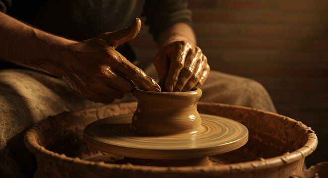 Hands shaping clay on pottery wheel - Powered by Adobe