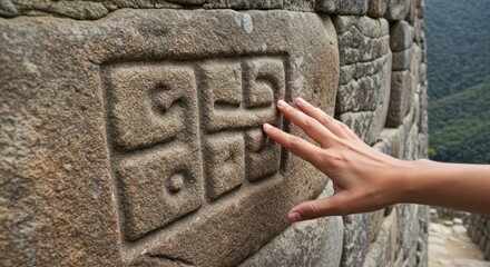 Hand touching ancient stone carving