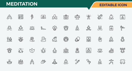 Meditation vector icon set. Yoga icon set. Includes symbols for therapy, relax, relaxation, meditate, care, balance, peace and more. Pixel perfect. Vector illustration.