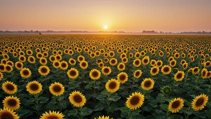 Vast field of vibrant sunflowers uniformly faces the glowing sunset on the horizon, symbolizing agriculture's bounty, natural beauty, and the promise of renewable resources