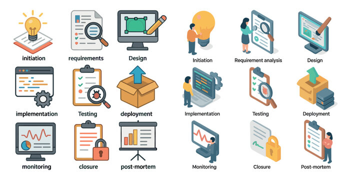 Project lifecycle stages and management process icons for workflow design