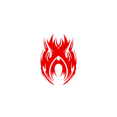 Abstract symmetrical fire emblem on dark background, artistic design element