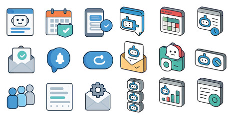 Collection of digital interface icons for scheduling and communication apps