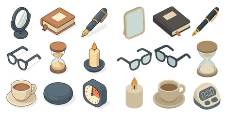 Obraz premium Isometric stationery and daily objects for office design and decor