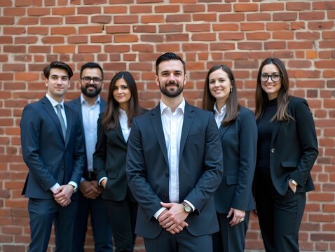 Group of professionals standing confidently against a brick wall in modern business attire