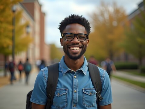 African American Male Student Beaming with Excitement on First Day of College