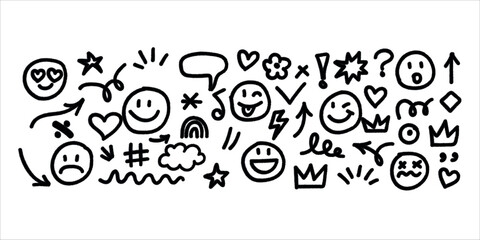 Hand Drawn Doodle Emojis Cute Icons Collection Black White Simple Design Elements Set for Social Media Decoration Graphic Design Project Illustration Background Pattern Wallpaper Texture sad art face 