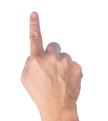 Closeup of man hand pointing his index finger to point on target isolated cutout in transparent background.