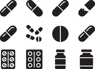Set of vector icons depicts various medical supplies, including different types of pills, capsules, blister packs, and a medicine bottle.