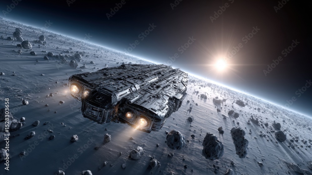 Poster a futuristic spaceship maneuvers through a dense asteroid field in deep space. the sun rises on the 