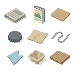 Recycled Material Icons. Isometric Flat icon set of recycled materials collage: newspaper strip, magazine cover, cardboard piece,