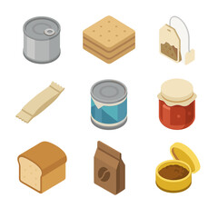 Rations and Supplies Icons. Isometric Flat icon set of Rations and supplies: canned food tin, hardtack biscuit, tea bag, sugar