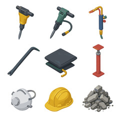 Rescue Tools Icons. Isometric Flat icon set of Structural collapse rescue tools: concrete breaker, pneumatic hammer, cutting torch