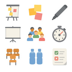 Resilience Workshop Icons. Isometric Flat icon set of Resilience Workshop Environment: flip chart, sticky notes, marker pen,