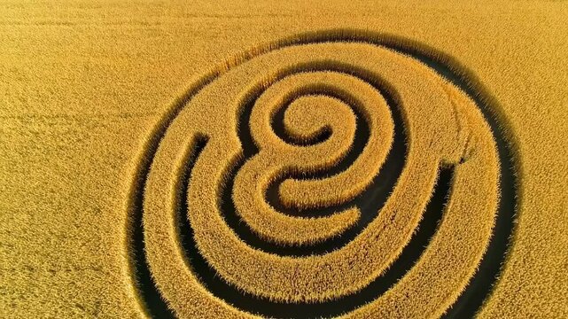 Aerial view of intricate crop circle spiral pattern in golden wheat field at sunset
