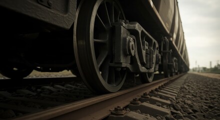 Train wheels and tracks close up