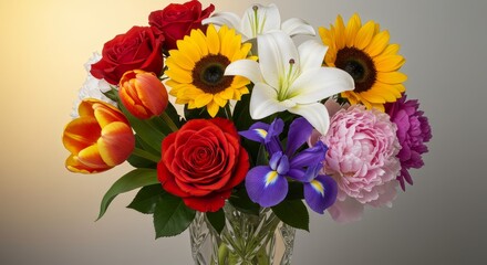 Vibrant Summer Bouquet in Vase - A cheerful arrangement of sunflowers, roses, lilies, tulips, irises and peonies. Symbolizing joy, love, beauty, new beginnings, and remembrance