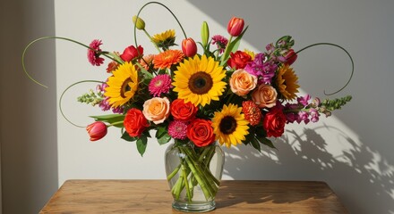 Vibrant Sunflower and Rose Arrangement - A stunning bouquet bursting with sunflowers, roses, tulips, and snapdragons. Symbolizing joy, warmth, love, new beginnings