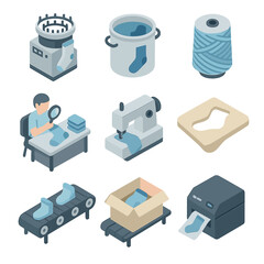 Sock Manufacturing Icons. Isometric Flat icon set of sock manufacturing process: knitting machine, dye vat, yarn spool, quality