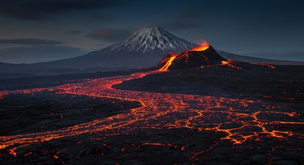 Volcanic Eruption Landscape at Night - A stunning night scene of a volcanic eruption, with lava flowing across a dark landscape and a snow-capped mountain in the background