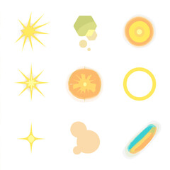 Sun and Flare Icons. Isometric Flat icon set of Sun rays and lens flares: light beams, hexagon flare, glow orb, starburst,