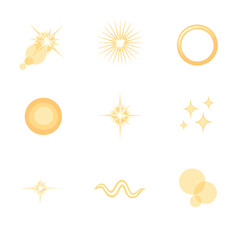 Sun Flares Icon Set. Isometric Flat icon set of sun flares and light effects: lens flare burst, radial rays, halo ring, glow