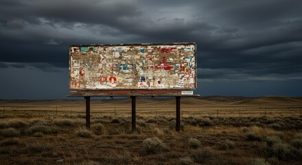 Weathered Billboard in Rural Landscape - A weathered billboard stands tall against a dramatic cloudy sky in a rural landscape. It symbolizes resilience, time's passage, forgotten messages