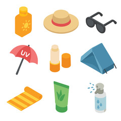 Sun Protection Icons. Isometric Flat icon set of sun protection and wellness: sunscreen bottle, wide-brim hat, sunglasses, UV