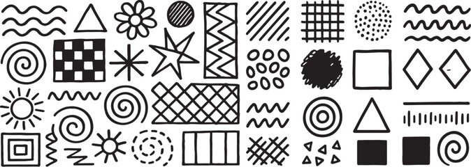 Hand-Drawn Geometric Shapes Collection: 20 Unique Black & White Patterns Featuring Triangles, Circles, Stars, Spirals, Grids, and Abstract Designs for Creative Illustration, Graphic Design