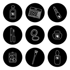 Collection of beauty products and cosmetics displayed in simple black circle designs for aesthetic purposes.Each item highlights essential cosmetics for daily use. 