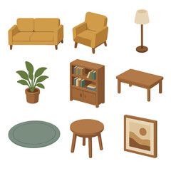 Trauma Counseling Room Icons. Isometric Flat icon set of Trauma Counseling Room Setup: sofa, armchair, coffee table, lamp, plant,
