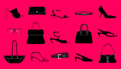 Fashion accessories collection. Vector illustration of stylish women’s shoes, bags, belts, and sunglasses on vibrant pink background. Perfect for fashion design, e-commerce, and trend content.