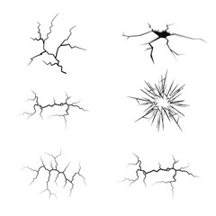 Earthquake Damage set icon Vector art. Cracked Ground and Concrete, Surface Fissures and Crevices, Broken Land and Wall Pattern,broken mirror vector cracks isolated on white background.