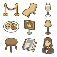 VIP Lounge Icon Set. Isometric Flat icon set of VIP lounge experience: velvet rope stanchion, lounge chair, champagne glass, snack